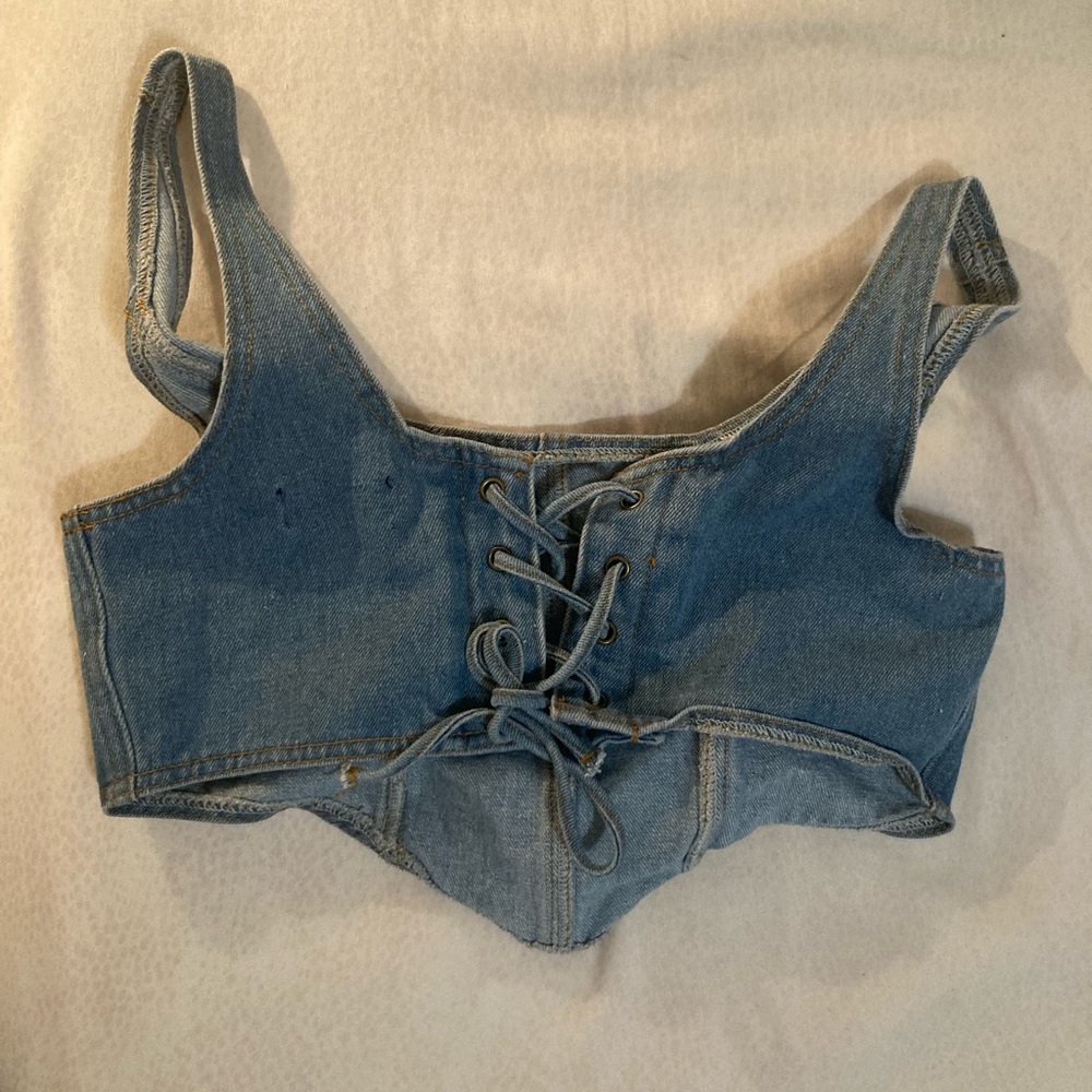 PrettyLittleThing Denim Lace Up Crop Top